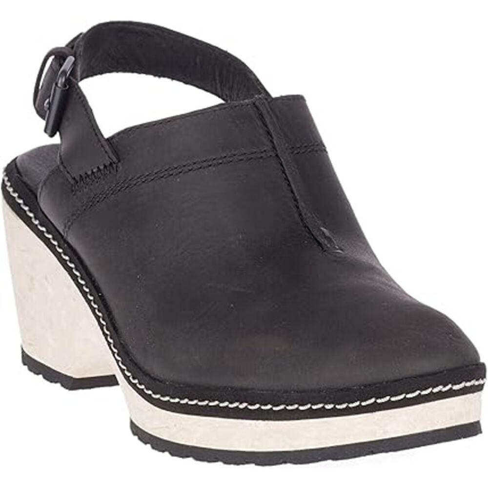 Merrell Black Leather Slingback Clog with White Platform